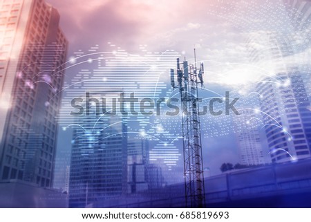 Double exposure of Radio pole with modern background. Network connection and world map on blured city. 