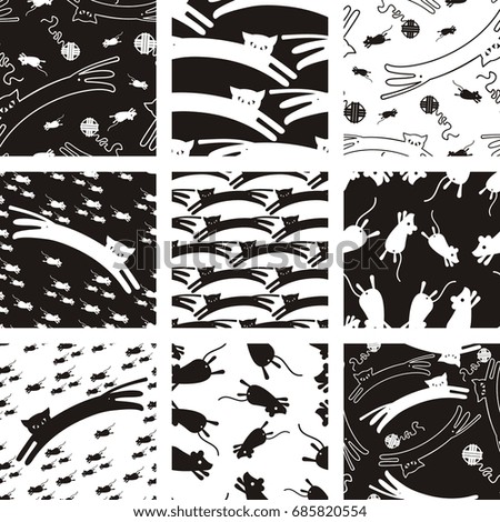 Set of black and white patterns with cat's silhouette. Vector clip art.