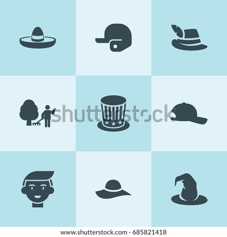 Set of 9 hat filled icons such as garden cleaner, boy, witch hat