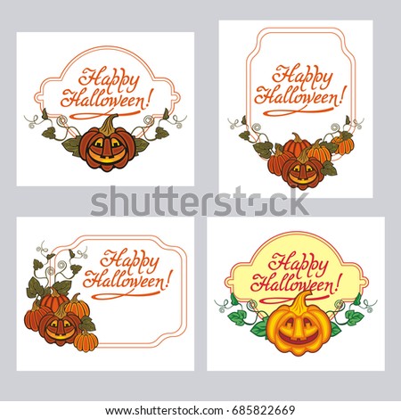Set of labels with Halloween pumpkin and text "Happy Halloween!" Original design element for greeting cards, invitations, prints. Vector clip art.