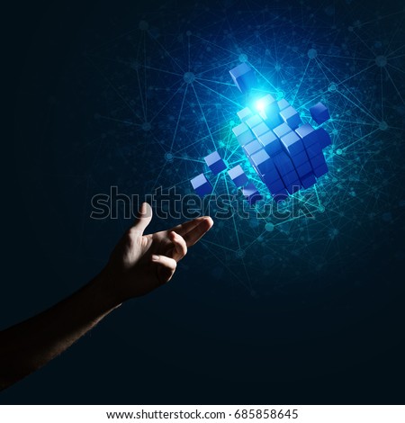 Close of man hand holding cube figure as symbol of innovation. Mixed media. Royalty-Free Stock Photo #685858645