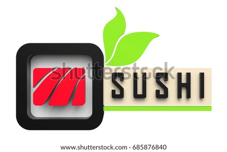 A signboard of Japanese sushi and rolls, 3D render close-up