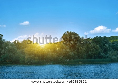 river with green forest and blue sky landscape