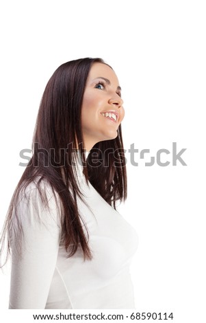 Cheerful young woman contemplating against white background