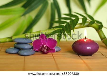 Gray stones arranged in Zen lifestyle with an orchid, a lighted candle, a bamboo branch and foliage