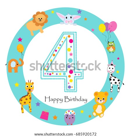 Fourth birthday baby greeting card. Happy first birthday candle and animals first 