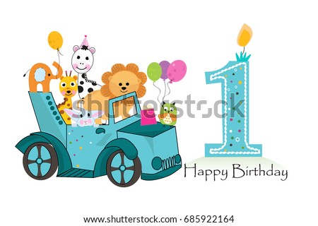 First birthday car with animals background