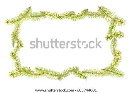 fir tree branches in the form of a photo frame isolated on white background, symbol of the New Year and Merry Christmas
