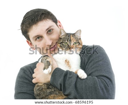 man with his cat isolated on white