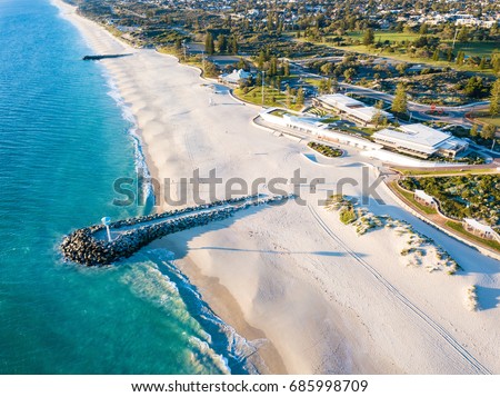 Aerial photograph of the sea wall at City Beach, Perth, Western Australia, Australia. Royalty-Free Stock Photo #685998709