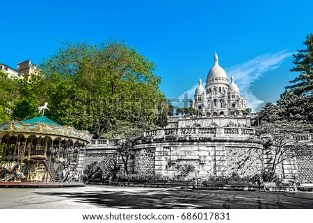 Sacre Coeur Basilica in Paris at day with blue bright sky and green grass and blooming trees. Pencil style photo. 