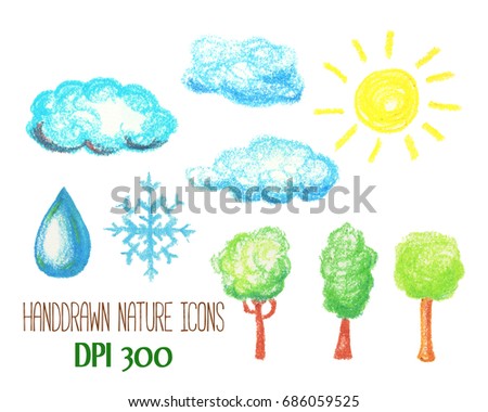Nature and weather icons by pastel. Cloud, sun, tree, snowflake and water drop handdrawn illustration. Environment nursery clipart. Sky atmosphere weather. Child drawing nature logo. Water conditions