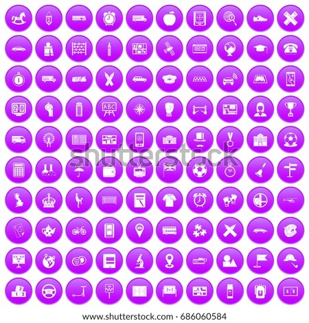 100 bus icons set in purple circle isolated on white vector illustration
