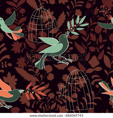 Dark colorful seamless wallpaper with birds, olive branches and birdcages. Nature pattern for web, textile, backdrop, background. Birds fly from the cells to freedom. Vector clipart