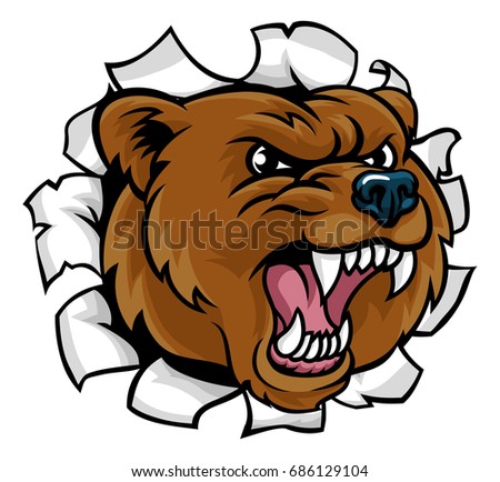 A Bear angry animal sports mascot breaking through the background
