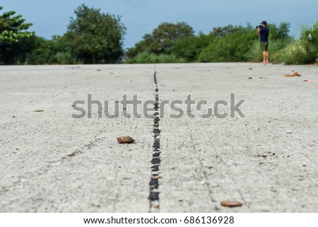 A line on the concrete road with unidentified man standing. an abstract photography on the road with lush green tree