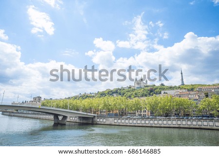 Fourviere Basilica from the Saone riverbank, France
