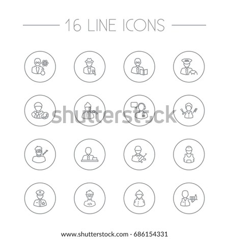 Set Of 16 Position Outline Icons Set.Collection Of Singer, Reporter, Servant And Other Elements.