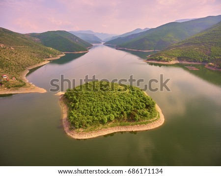 Aerial view of a small island in Tikvesh Lake near Kavadarci town in Macedonia 