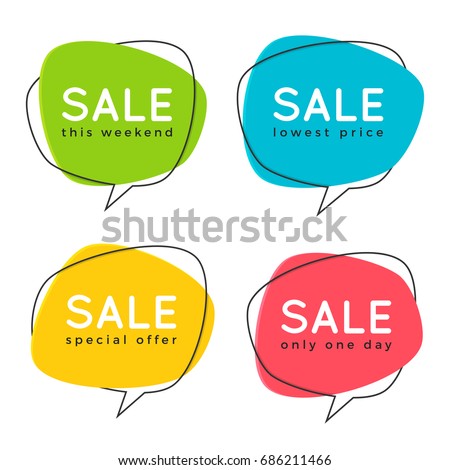Set of flat speech bubble shaped banners, price tags, stickers, badges. Vector illustration.