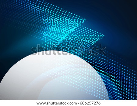 Glowing wave created with particles on dark color background. Vector digital techno illustration