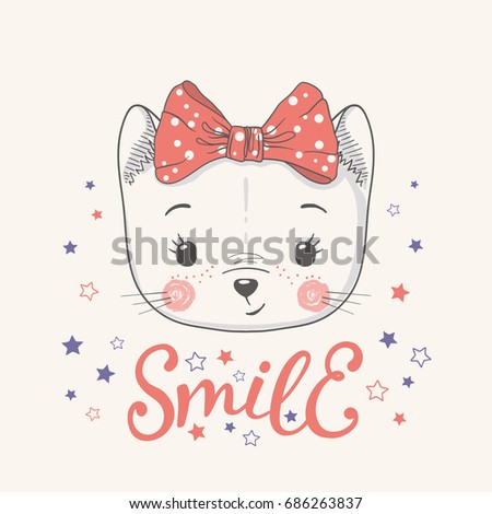 Cute cat girl. Little kitty with bow. Smile slogan