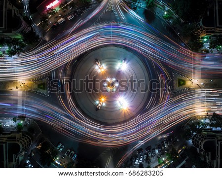 Light Trail on the Democracy Monument in Thailand form aerial photography top view, look like colorful eye