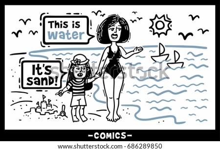 Black and white comics mom with child on the beach looking at water and sand