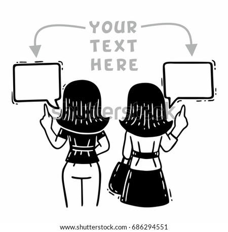 Comic two women with their backs pointing their thumbs up and saying For text