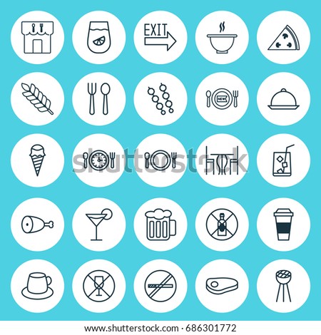 Icons Set. Collection Of Wheat, Doorway, Meal Hour And Other Elements. Also Includes Symbols Such As Poultry, Outlet, Pizza.