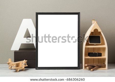 Modern workspace with blank frame mock up. Creative desk interior background for social media and marketing