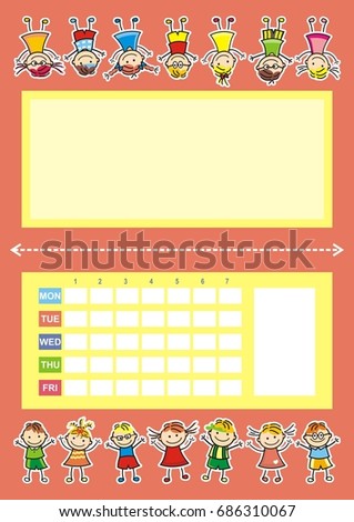 schedule, bilateral timetable for kids, vector illustration, pink background
