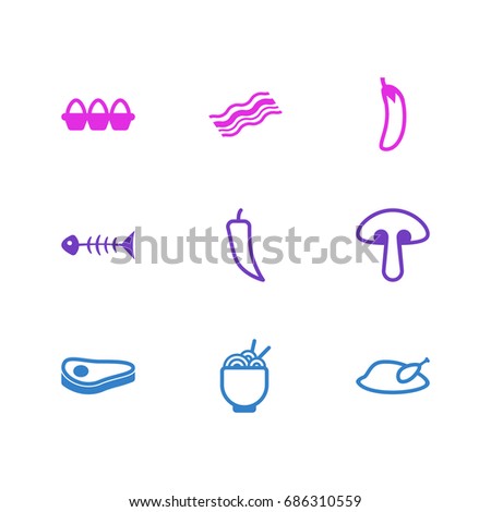 Vector Illustration Of 9 Food Icons. Editable Pack Of Noodles, Fungus, Aubergine And Other Elements.