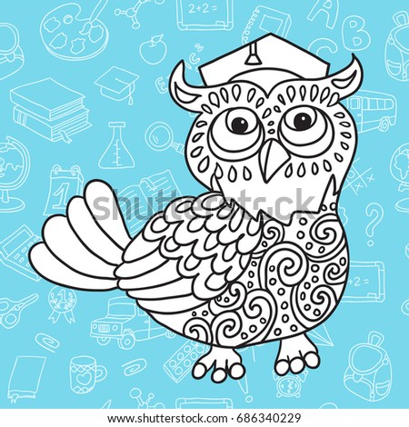 Owl in Graduate Hat on background of the school pattern. Back to School.