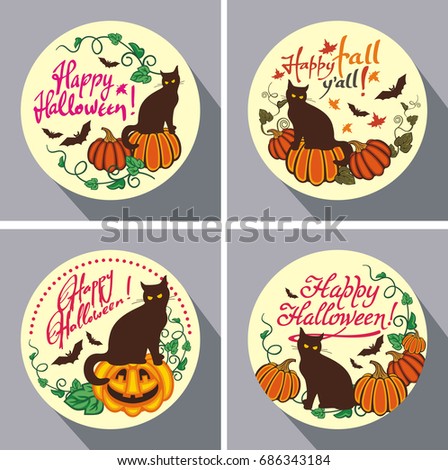 Set of round buttons with black cat, flying bats, pumpkin and hand drawn text "Happy Halloween!" Original design element for greeting cards, invitations, prints.Raster clip art.