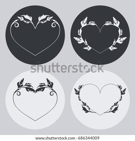 Set of heart-shaped frames with floral silhouette with copy space. Raster clip art.