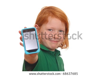 Young red haired girl shows her new smartphone