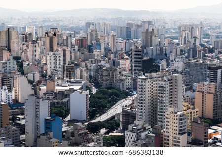 Sao Paulo city skyline saw from the top of Italia building (west view) facing to Presidente Joao Goulart elevated highway (previously known as Costa e Silva elevated highway).