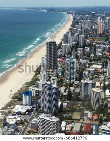 View of the Gold Coast south towards Burleigh Heads. The Gold Coast is one of Australia's most popular tourist destinations with beautiful beaches.