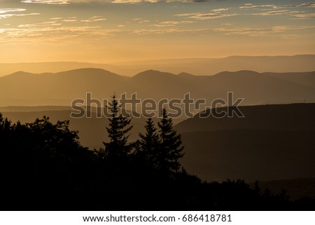 Allegheny Mountains of eastern West Virginia during sunrise. View from Dolly Sods Wilderness, also known as Bear Rocks Nature Preserve.