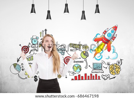Happy blonde businesswoman is jumping and shouting near a concrete wall with a start up rocket and business icons on it.