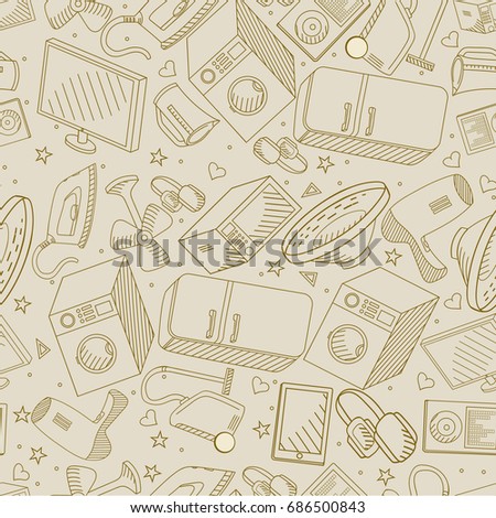 Electronics retro seamless coloring book line art design raster illustration. Separate objects. Hand drawn doodle design elements.