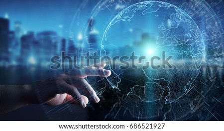 Flying earth network interface activated by businessman on blurred background 3D rendering Royalty-Free Stock Photo #686521927