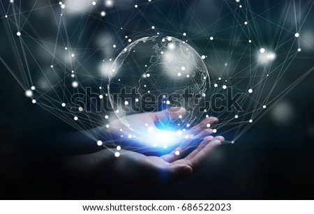 Businesswoman on blurred background using flying earth network interface 3D rendering Royalty-Free Stock Photo #686522023