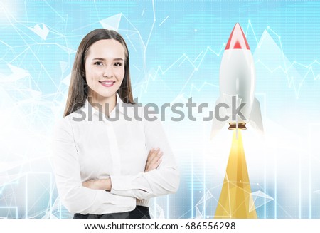Young and confident businesswoman with crossed arms is standing against a cityscape with a startup rocket and graphs in the sky. Double exposure