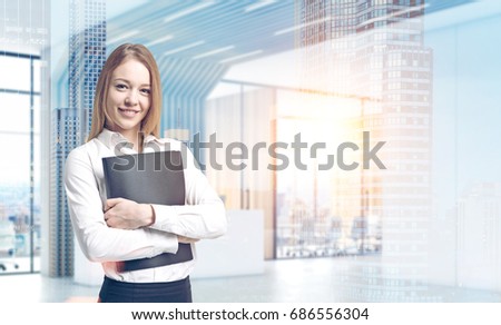 Smiling blonde businesswoman in a white blouse is holding a black folder and standing in a futuristic office. 3d rendering mock up toned image double exposure