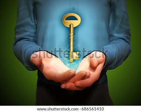 Large golden key floating over a man's cupped hands. 3D illustration.