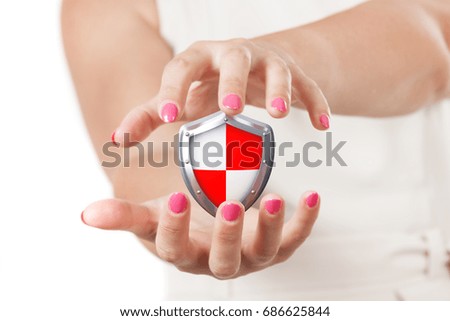Secure Concept. Two Woman Hands Holding Protective Shield on a white background.