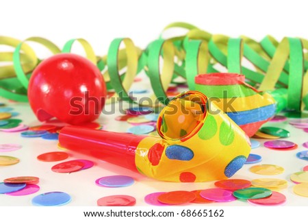 air snout, confetti and streamer on white background