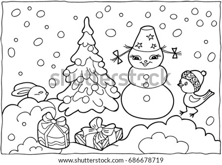 Coloring for children. Winter theme. Black and white vector illustration.